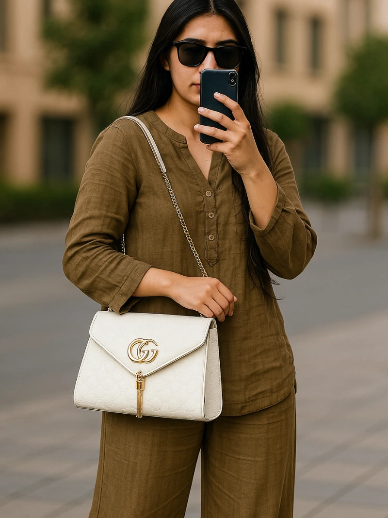 Beautiful white shoulder bag with a front pocket and a golden chain.